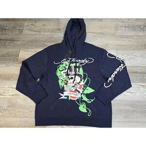 Ed Hardy Hoodie Mens Size XLarge Rare Gambling Skull Navy Blue Adult Graphic